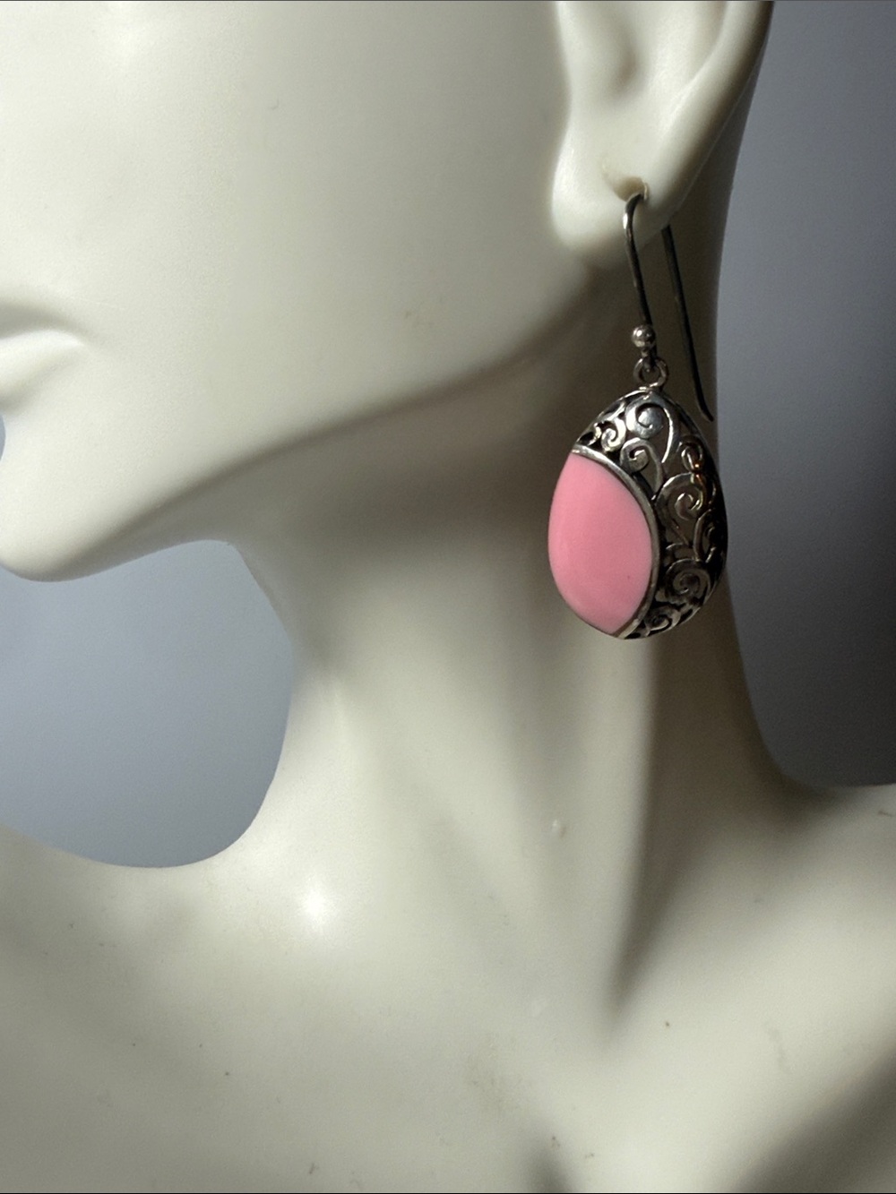 925 Pink Teardrop Filigree Dangle Earrings